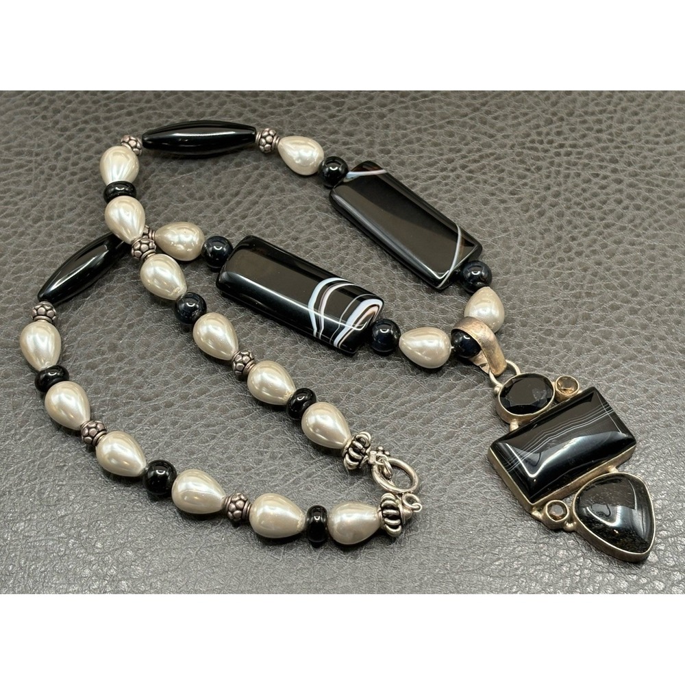 Vintage Boho Ethnic Silver Rutilated Quartz Agate Stone Faux Pearl Necklace 20"